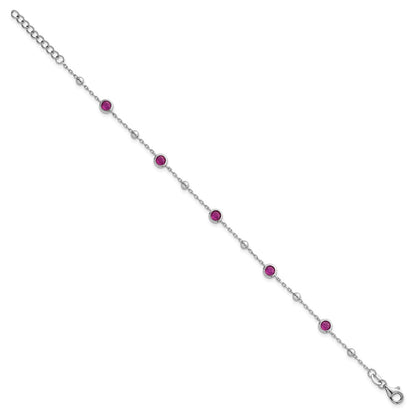 Sterling Silver Rhodium-plated Polished and Beaded Bezel-set Round Red CZ 7 Inch with 1 Inch Extension Bracelet