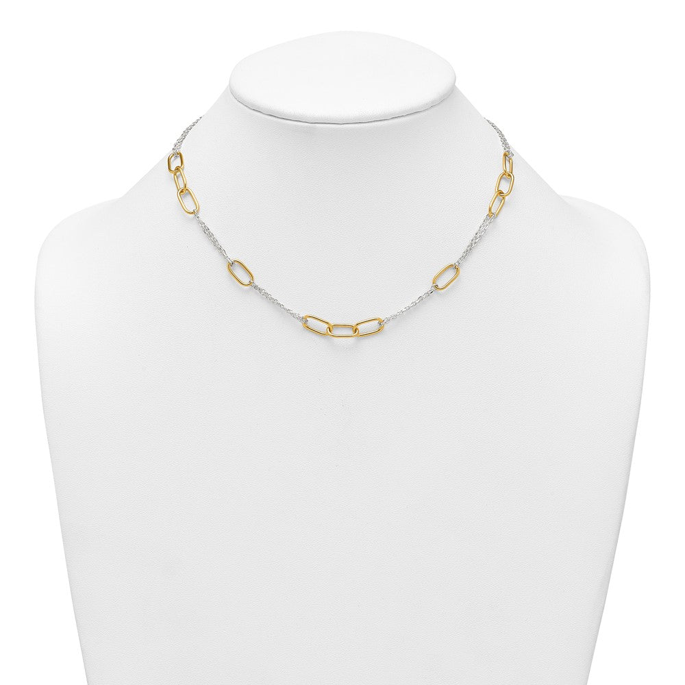 Sterling Silver and Gold-tone Polished Fancy Link and Double Chain 16 inch Necklace