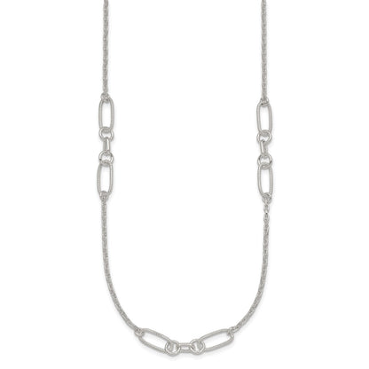 Sterling Silver Polished and Textured Fancy Link and Chain 16 inch Necklace