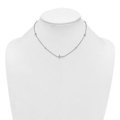 Sterling Silver Rhodium-plated Polished Three CZ Crosses and 3 Round CZ Stations 15 inch with 1.5 inch Extender Necklace