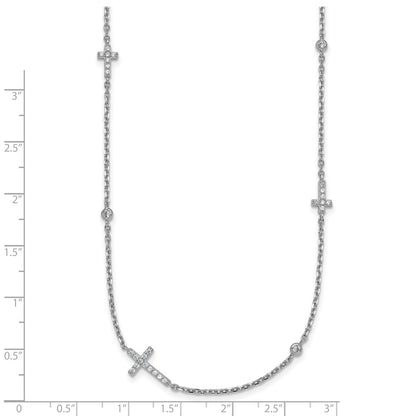 Sterling Silver Rhodium-plated Polished Three CZ Crosses and 3 Round CZ Stations 15 inch with 1.5 inch Extender Necklace