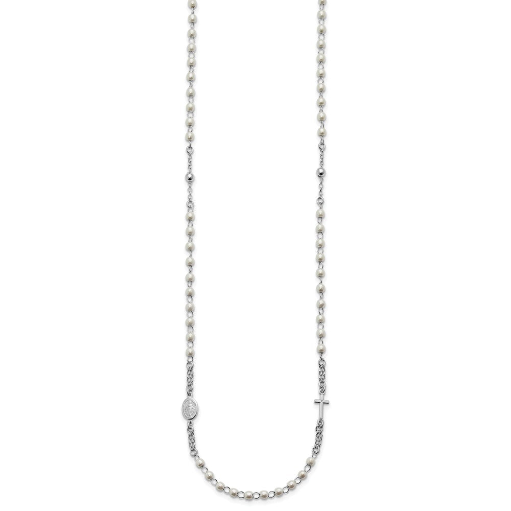 Sterling Silver Rhodium-plated Plastic Imitation Pearl 19.75 inch with 1 inch extender Rosary Themed Necklace