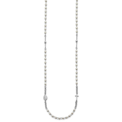 Sterling Silver Rhodium-plated Plastic Imitation Pearl 19.75 inch with 1 inch extender Rosary Themed Necklace