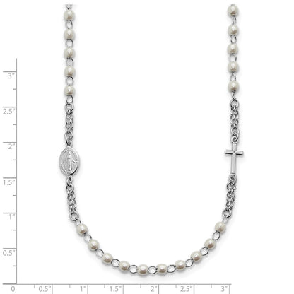 Sterling Silver Rhodium-plated Plastic Imitation Pearl 19.75 inch with 1 inch extender Rosary Themed Necklace