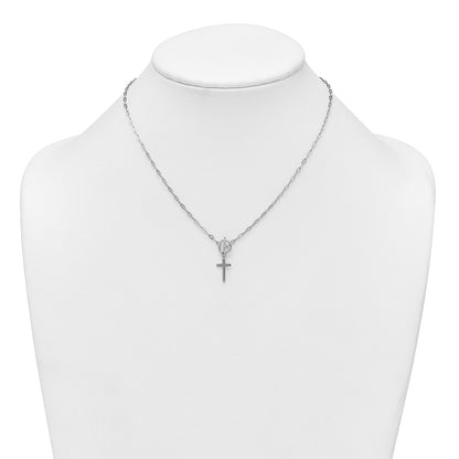 Sterling Silver Rhodium-plated Polished Cross Dangle Paperclip Link 16 Inch with 2 Inch Extension Necklace