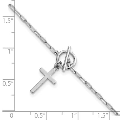 Sterling Silver Rhodium-plated Polished Cross Dangle Paperclip Link 6.5 Inch with 1 Inch Extension Bracelet