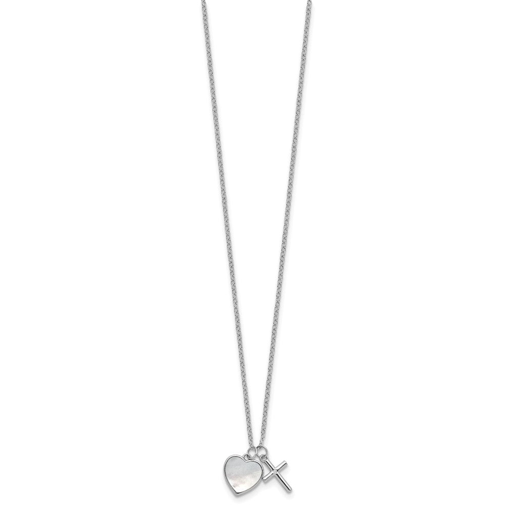 Sterling Silver Rhodium-plated Polished Mother of Pearl Heart and CZ Cross 14 Inch with 3 Inch Extension Children's Necklace