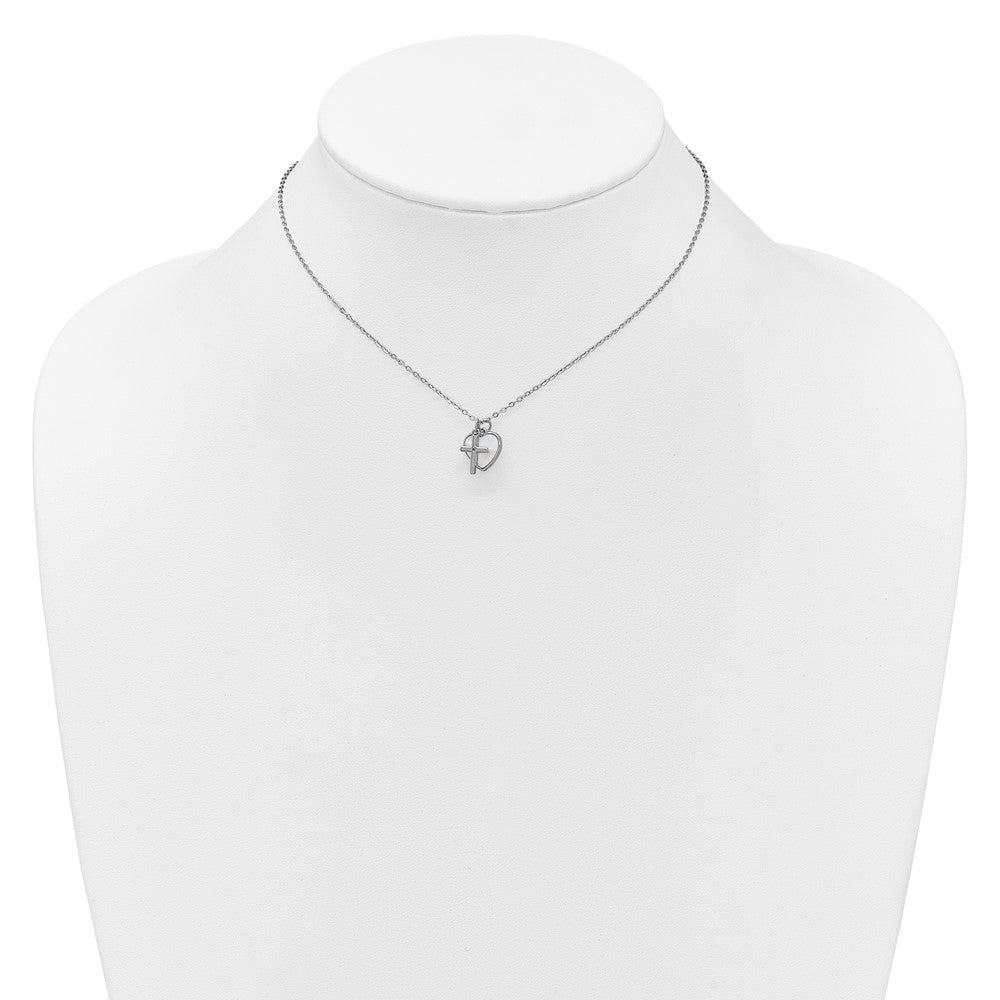 Sterling Silver Rhodium-plated Polished Mother of Pearl Heart and CZ Cross 14 Inch with 3 Inch Extension Children's Necklace