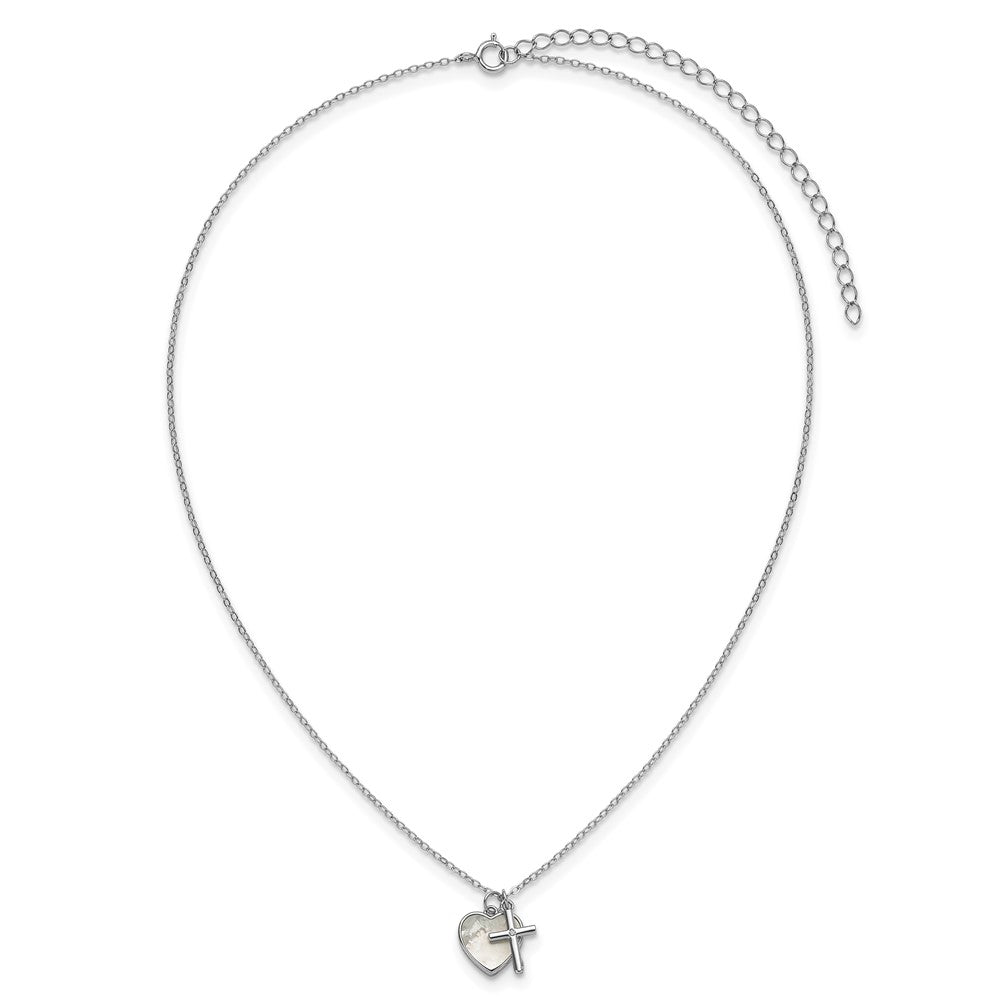 Sterling Silver Rhodium-plated Polished Mother of Pearl Heart and CZ Cross 14 Inch with 3 Inch Extension Children's Necklace