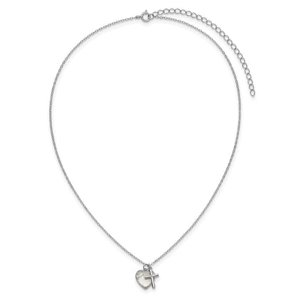 Sterling Silver Rhodium-plated Polished Mother of Pearl Heart and CZ Cross 14 Inch with 3 Inch Extension Children's Necklace