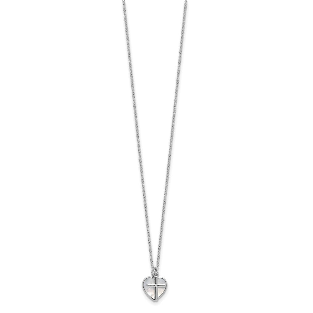 Sterling Silver Rhodium-plated Polished Mother of Pearl Heart and CZ Cross 14 Inch with 3 Inch Extension Children's Necklace