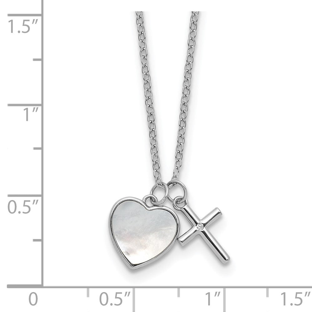 Sterling Silver Rhodium-plated Polished Mother of Pearl Heart and CZ Cross 14 Inch with 3 Inch Extension Children's Necklace
