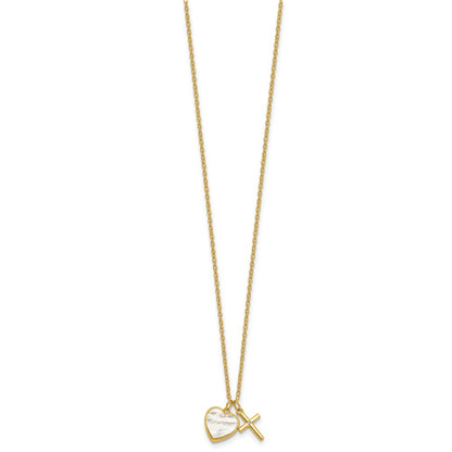 Sterling Silver Gold-tone Polished Mother of Pearl Heart and CZ Cross 14 Inch with 3 Inch Extension Children's Necklace