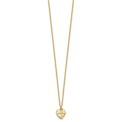 Sterling Silver Gold-tone Polished Mother of Pearl Heart and CZ Cross 14 Inch with 3 Inch Extension Children's Necklace
