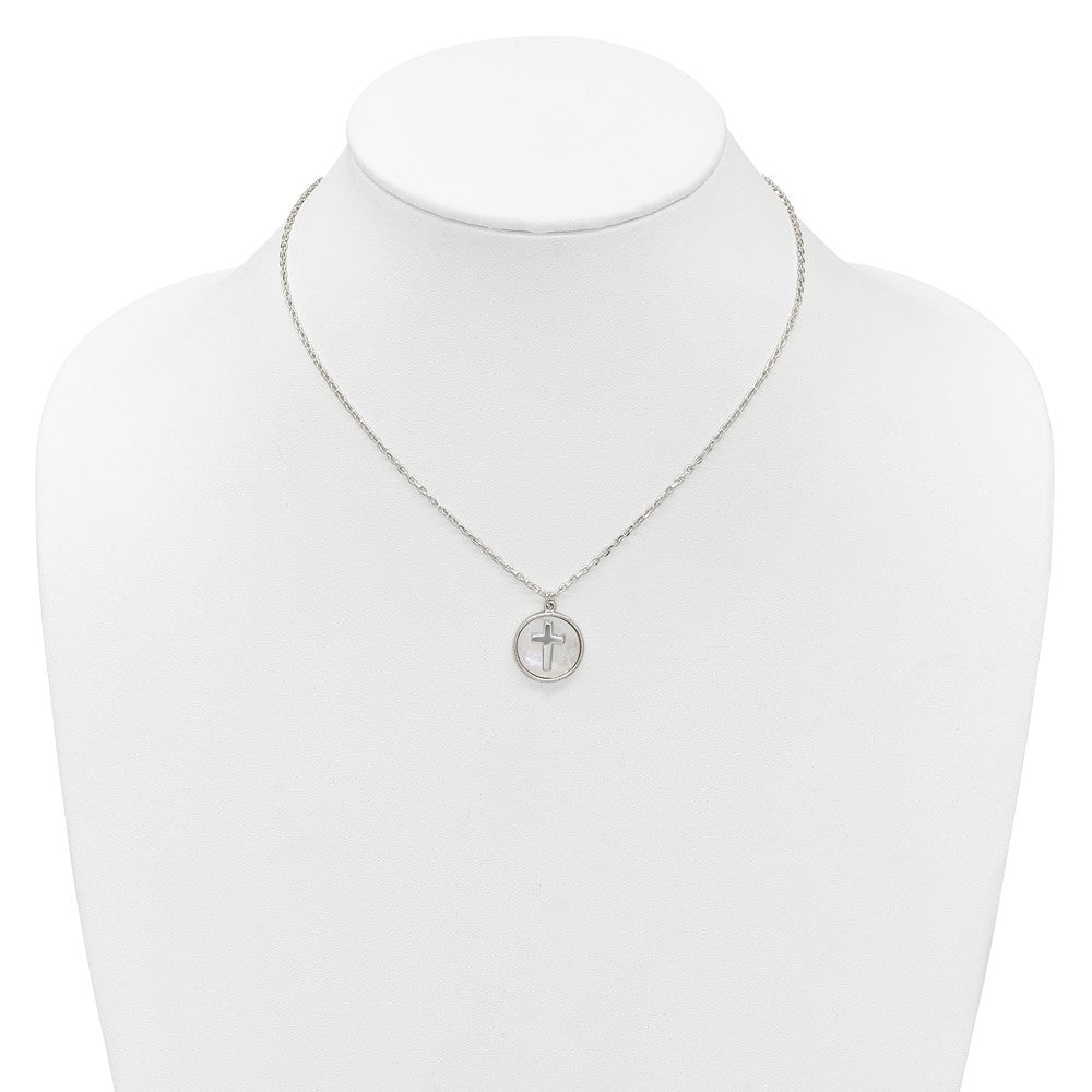 Sterling Silver Polished Mother Of Pearl Circle with Cross 16 inch Necklace