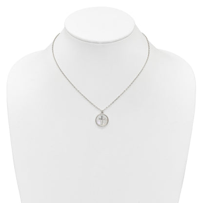 Sterling Silver Polished Mother Of Pearl Circle with Cross 16 inch Necklace