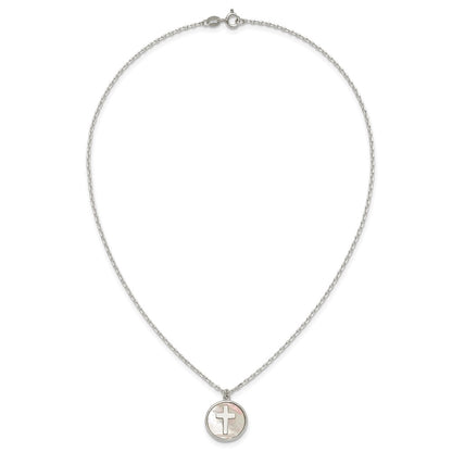Sterling Silver Polished Mother Of Pearl Circle with Cross 16 inch Necklace