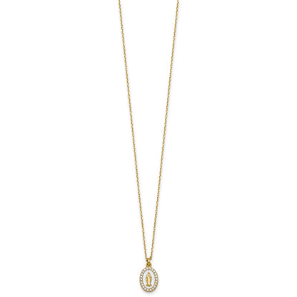 Sterling Silver Gold-plated CZ and White Enamel Miraculous Medal 15.75 inch with 2 inch extender Necklace