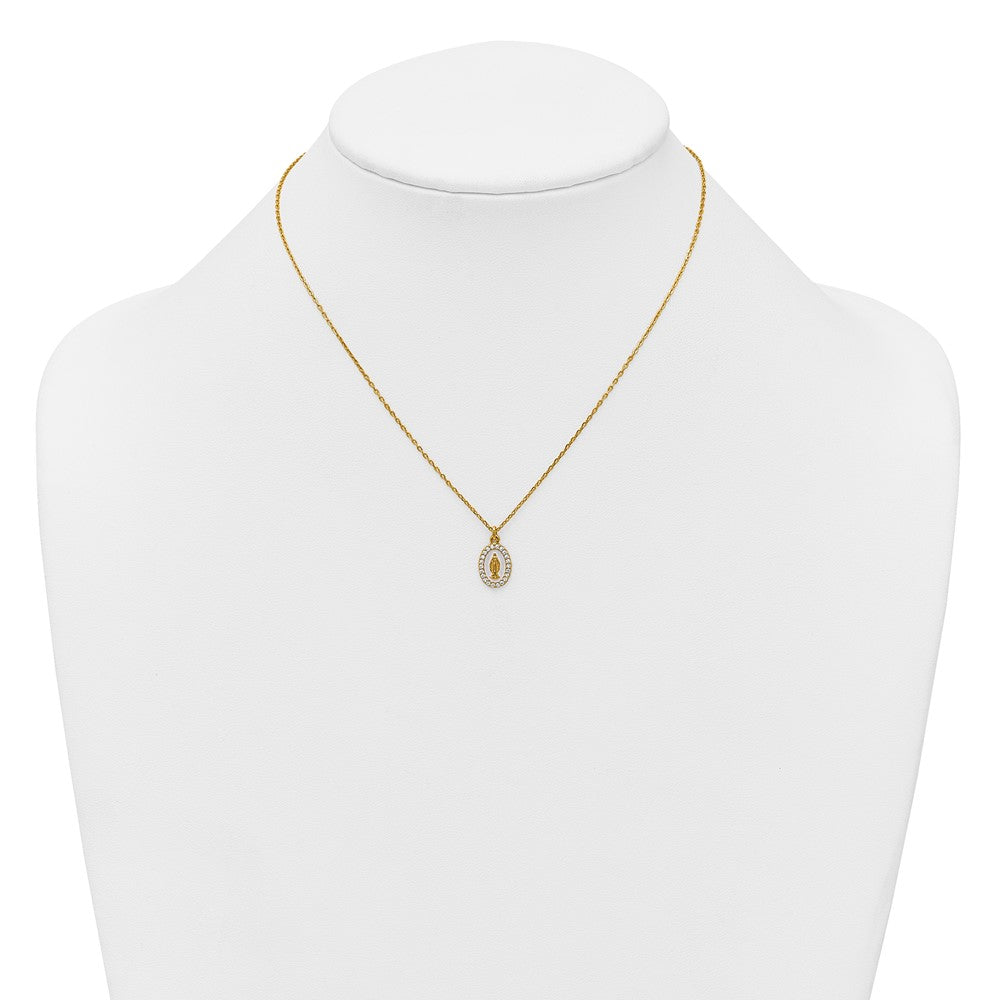 Sterling Silver Gold-plated CZ and White Enamel Miraculous Medal 15.75 inch with 2 inch extender Necklace