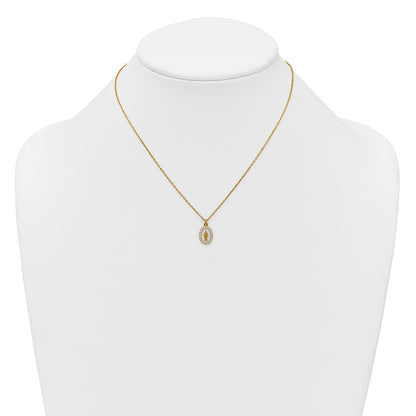 Sterling Silver Gold-plated CZ and White Enamel Miraculous Medal 15.75 inch with 2 inch extender Necklace