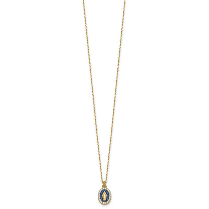 Sterling Silver Gold-plated CZ and Blue Enamel Miraculous Medal 15.75 inch with 2 inch extender Necklace