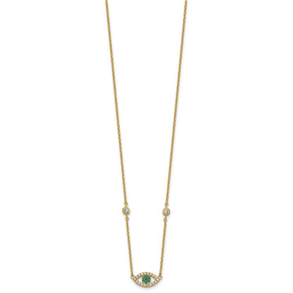 Sterling Silver Gold-tone Polished CZ and Blue and Green Nano Crystal Eye 16 inch with 2 inch Extension Necklace