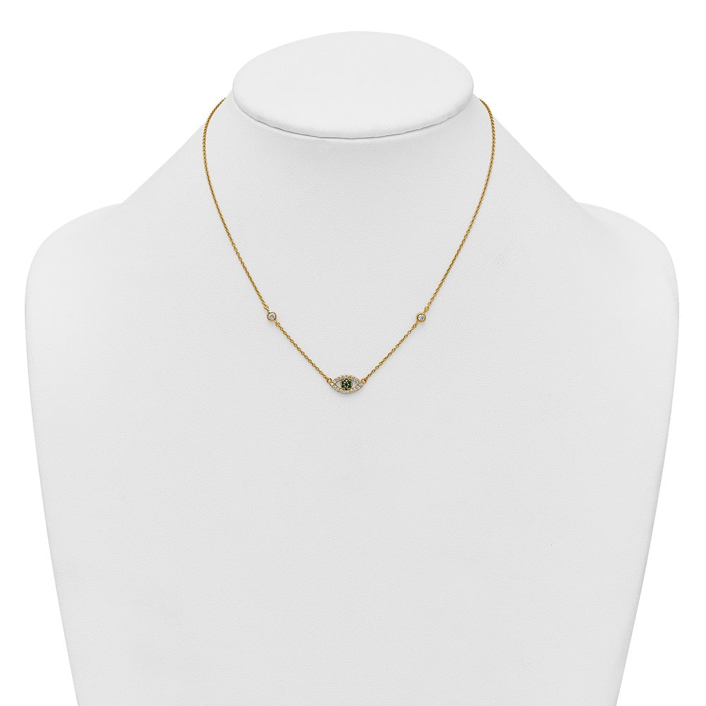 Sterling Silver Gold-tone Polished CZ and Blue and Green Nano Crystal Eye 16 inch with 2 inch Extension Necklace