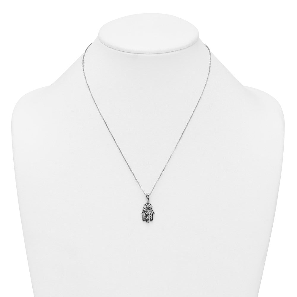 Sterling Silver Rhodium-plated Polished and Oxidized Filigree Hamsa 18 Inch Necklace