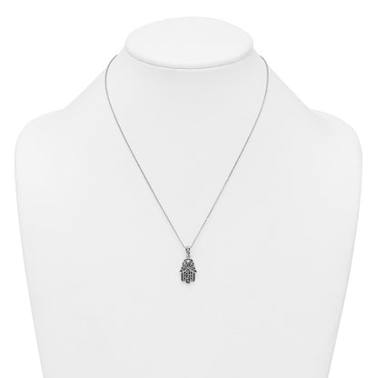Sterling Silver Rhodium-plated Polished and Oxidized Filigree Hamsa 18 Inch Necklace