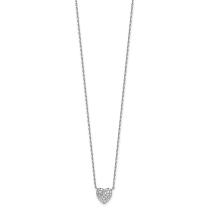 Sterling Silver Rhodium-plated Polished Pave CZ Heart 16 Inch with 2 Inch Extension Necklace