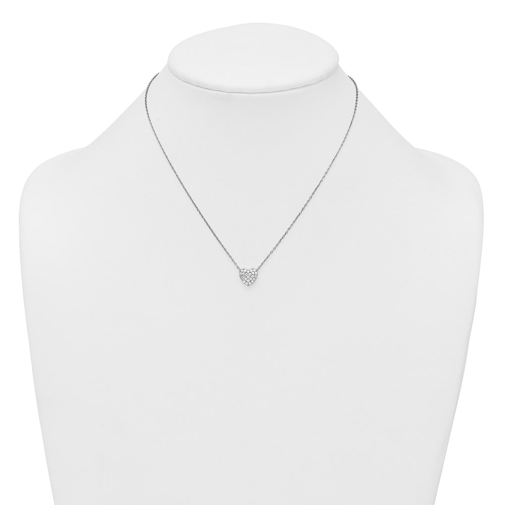 Sterling Silver Rhodium-plated Polished Pave CZ Heart 16 Inch with 2 Inch Extension Necklace
