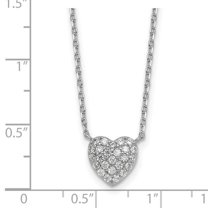 Sterling Silver Rhodium-plated Polished Pave CZ Heart 16 Inch with 2 Inch Extension Necklace