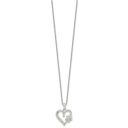 Sterling Silver Polished White CZ Heart and Paw Print 16 inch Necklace