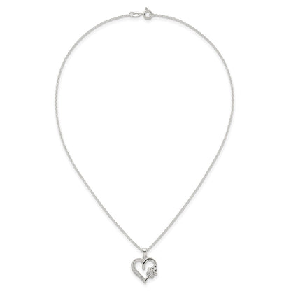 Sterling Silver Polished White CZ Heart and Paw Print 16 inch Necklace