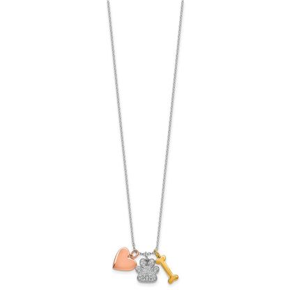 Sterling Silver Rose and Yellow Gold-plated Polished CZ Pawprint Heart and Bone 16 Inch with 2 Inch Extension Necklace