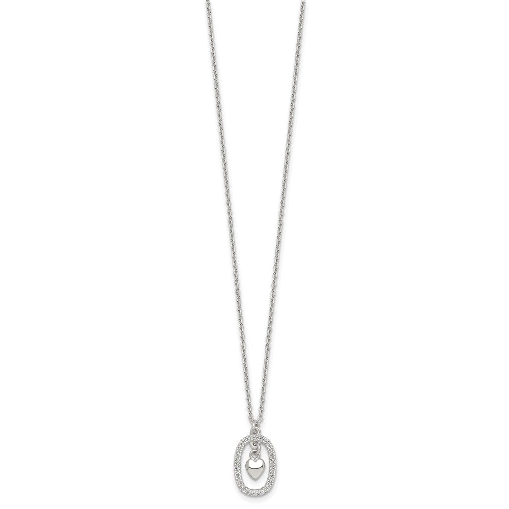 Sterling Silver Polished White CZ Oval with Dangle Heart 16 inch Necklace
