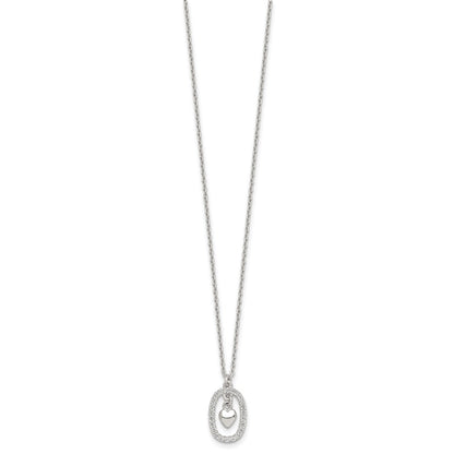 Sterling Silver Polished White CZ Oval with Dangle Heart 16 inch Necklace