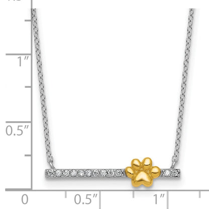 Sterling Silver Rhodium-plated and Gold-tone Polished CZ Pawprint Bar 16 Inch with 2 Inch Extension Necklace
