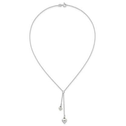 Sterling Silver Polished Two Heart 16 inch Lariat Necklace