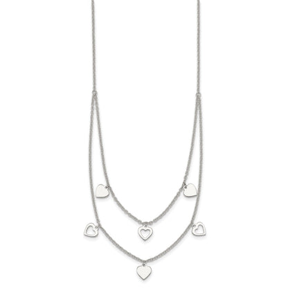 Sterling Silver Polished Double Strand Heart Station 15.75 inch Necklace
