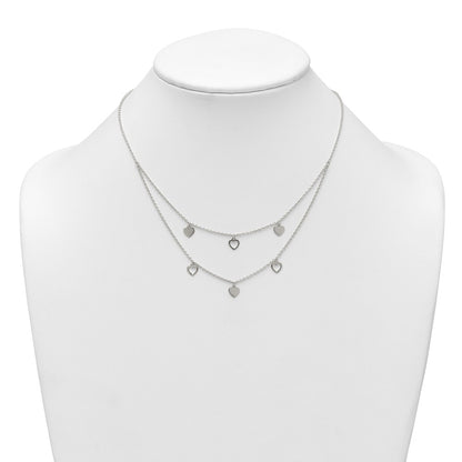 Sterling Silver Polished Double Strand Heart Station 15.75 inch Necklace