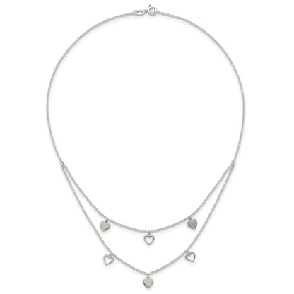 Sterling Silver Polished Double Strand Heart Station 15.75 inch Necklace