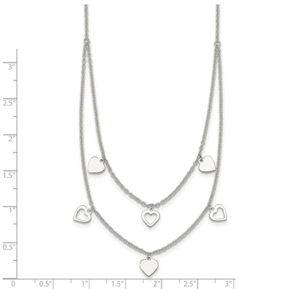 Sterling Silver Polished Double Strand Heart Station 15.75 inch Necklace