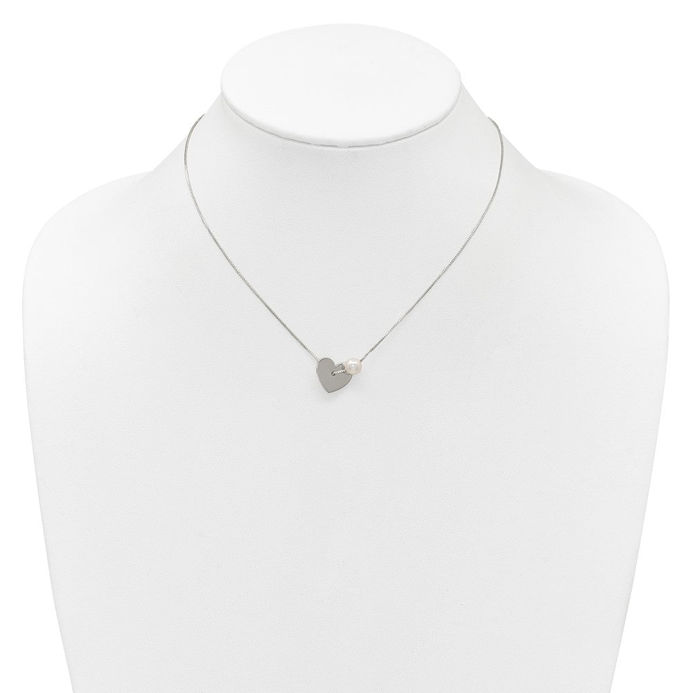 Sterling Silver Polished Heart and Glass Pearl 16 inch Necklace