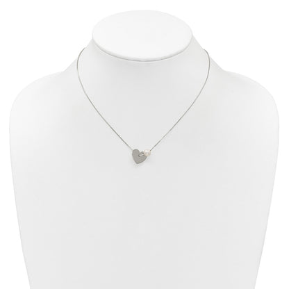 Sterling Silver Polished Heart and Glass Pearl 16 inch Necklace