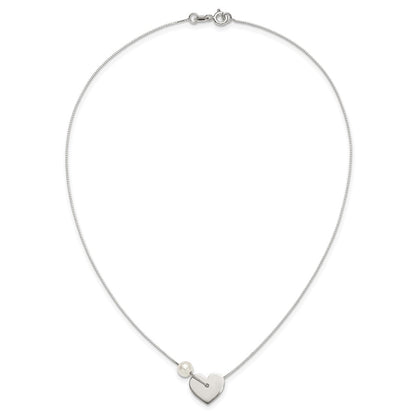 Sterling Silver Polished Heart and Glass Pearl 16 inch Necklace