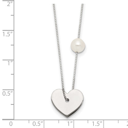 Sterling Silver Polished Heart and Glass Pearl 16 inch Necklace
