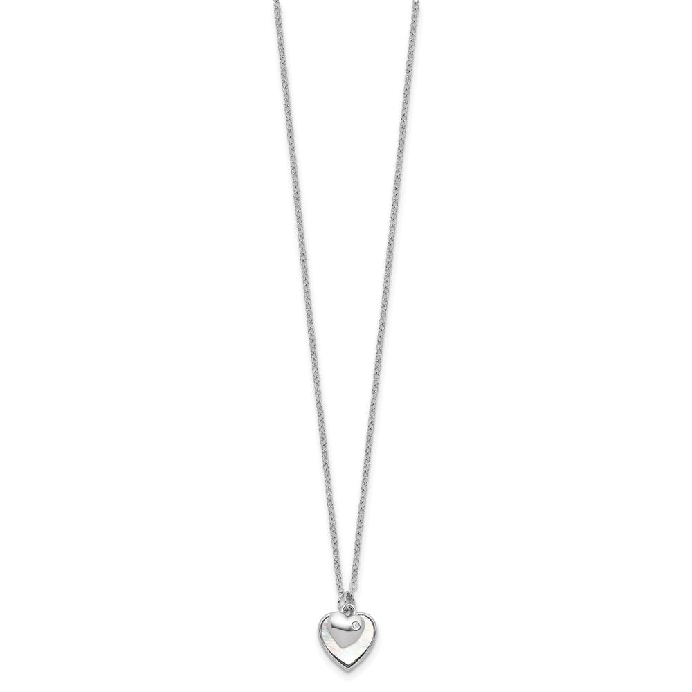 Sterling Silver Rhodium-plated Polished Mother of Pearl and CZ Hearts 14 Inch with 3 Inch Extension Children's Necklace