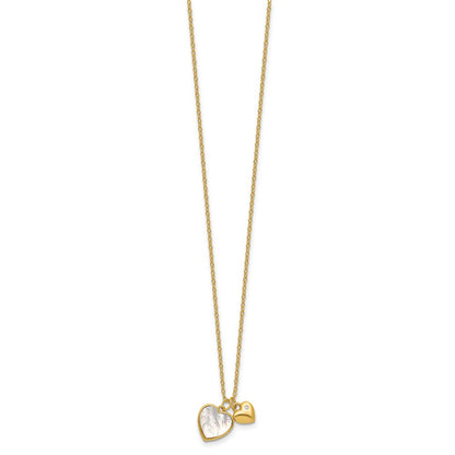 Sterling Silver Gold-tone Polished Mother of Pearl and CZ Hearts 14 Inch with 3 Inch Extension Children's Necklace