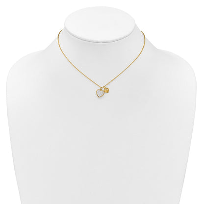 Sterling Silver Gold-tone Polished Mother of Pearl and CZ Hearts 14 Inch with 3 Inch Extension Children's Necklace